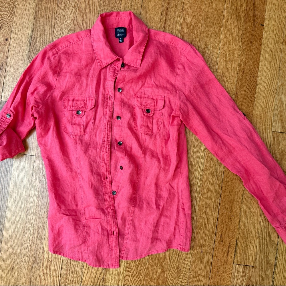 BLUE SAKS 5th Ave Vibrant Coral Linen Casual Button Down Shirt